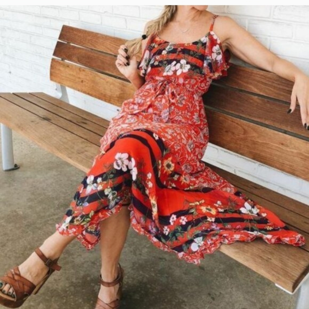 Anthropologie Zuri Red floral maxi ruffle dress